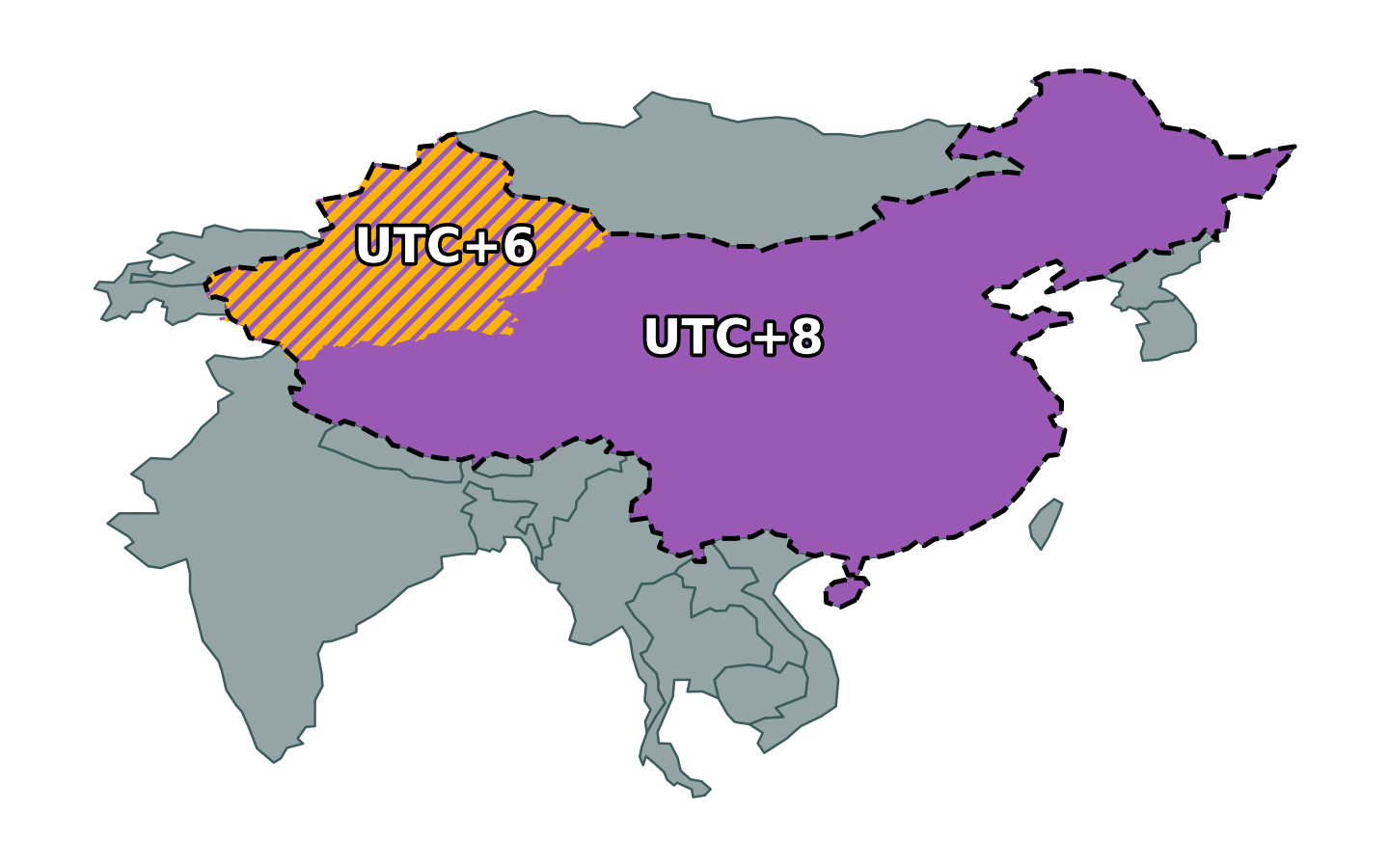 Asia/Shanghai time zone map with Asia/Urumqi overlaid