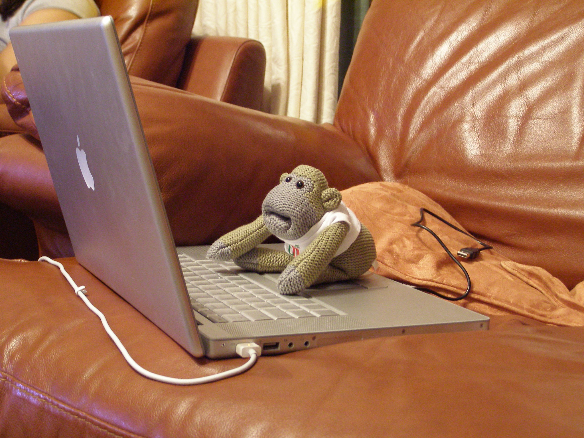 A knitted monkey working at a Mac