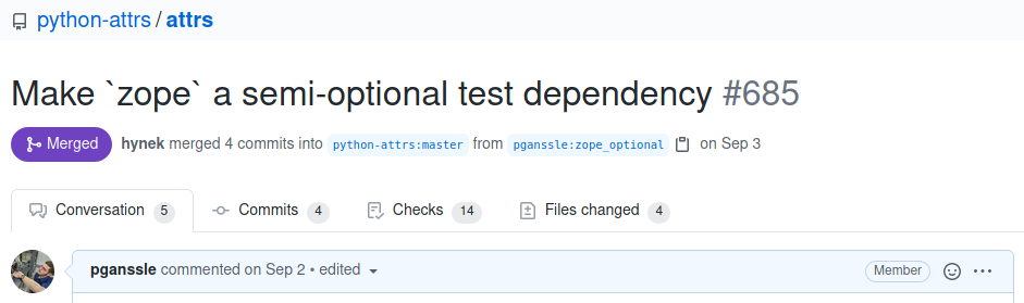 A Github PR making zope a semi-optional test dependency for attrs