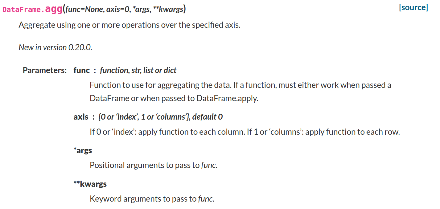 The documentation for DataFrame.agg, demonstrating that it accepts *args.