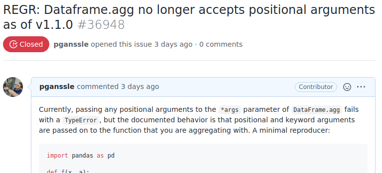 Pandas issue #36948: Dataframe.agg no longer accepts positional arguments as of v1.1.0