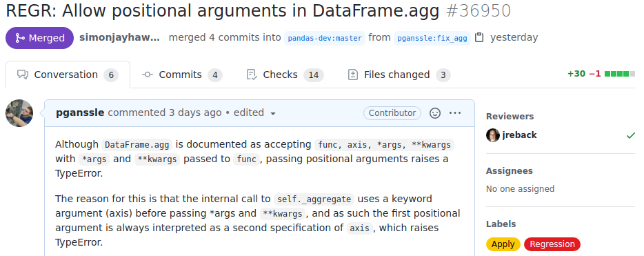 Pandas PR #36950: Allow positional arguments in DataFrame.agg