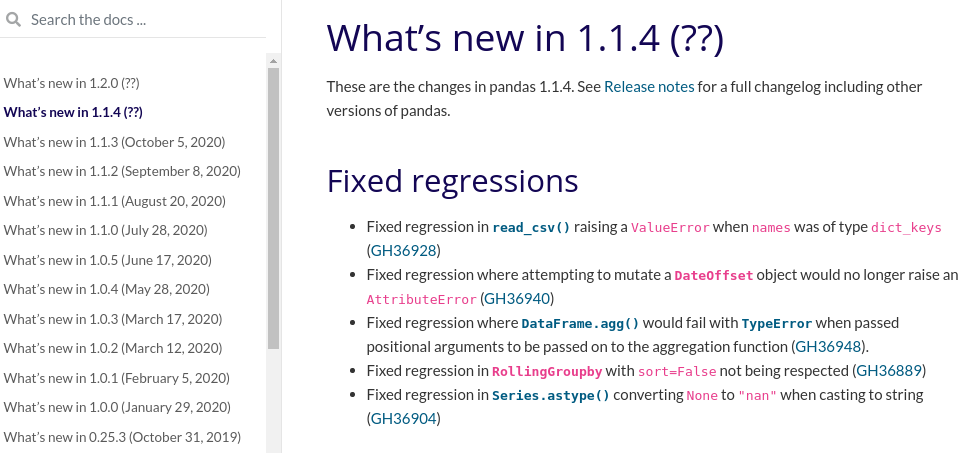 What's new in 1.1.4: Changelog including the DataFrame.agg change for 1.1.4, with no specified release date.