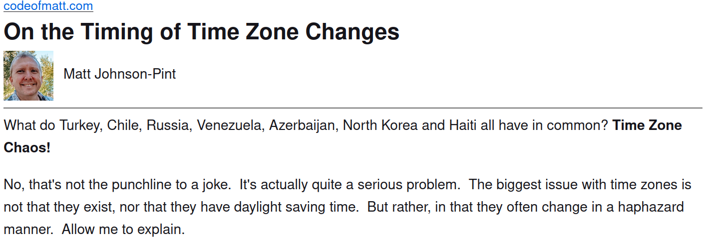 A screenshot of the opening paragraph of Matt Johnson-Pint's 'On the Timing of Time Zone Changes'