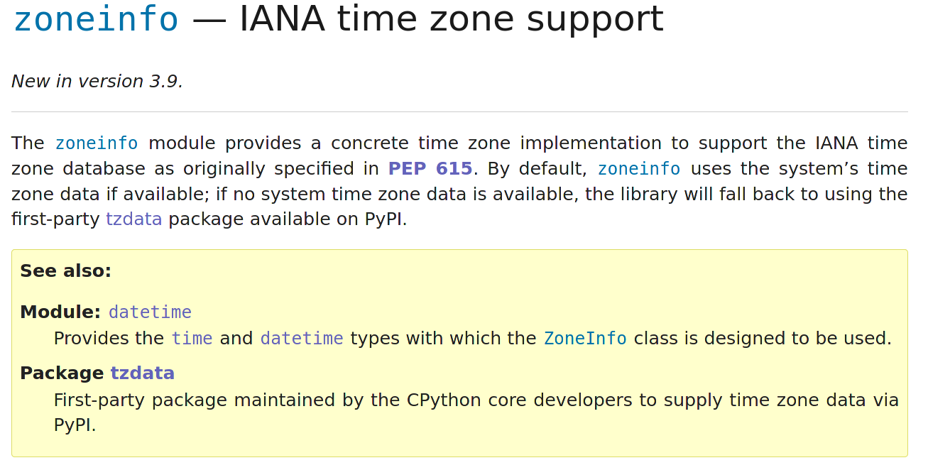 A screenshot of Python 3.9's zoneinfo documentation.
