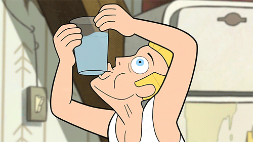 An animated image of a cartoon man trying to drink from the bottom of a cup, then lick the side of it, then drink from it without his arms, all failing to get any water in a comedic way