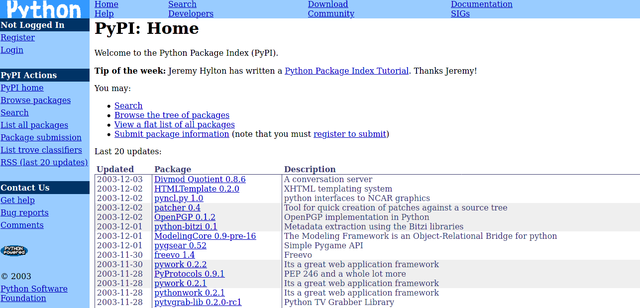 The PyPI website as of 2003.